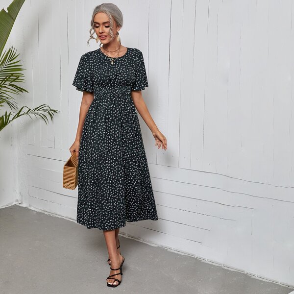 

Ditsy Floral Print Butterfly Sleeve Dress, Black