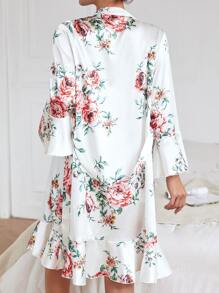 Floral Print Satin Slips With Belted Robe, Lingerie - White - View 2