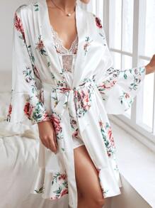 Floral Print Satin Slips With Belted Robe, Lingerie - White - View 3