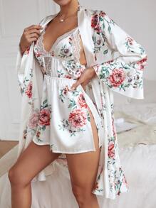 Floral Print Satin Slips With Belted Robe, Lingerie - White - View 4