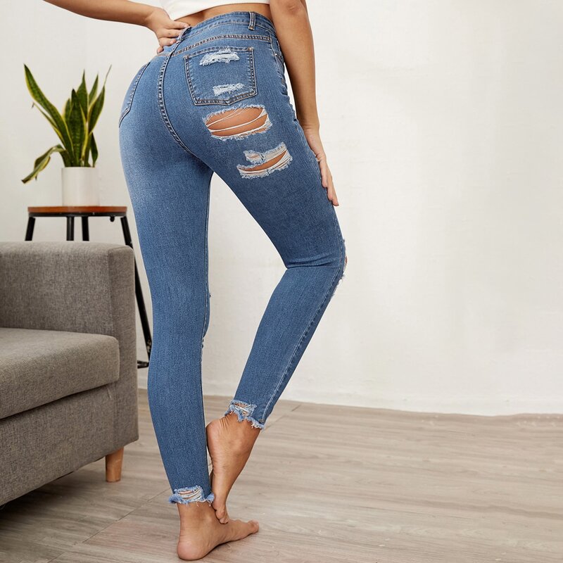 

High Waist Ripped Raw Hem Jeans, Medium wash
