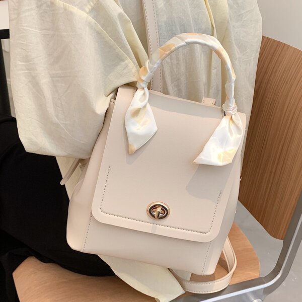 

Twilly Scarf Decor Flap Backpack, Beige