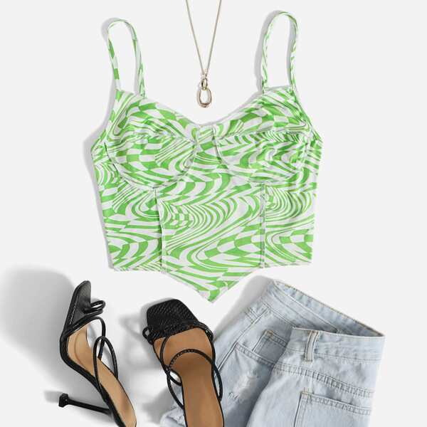 

Random Print Stitch Trim Bandana Cami Crop Top, Multicolor