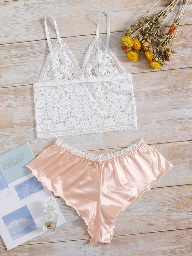Floral Lace Longline Bralette With Satin Shorts Lingerie Set - Multicolor - View 1