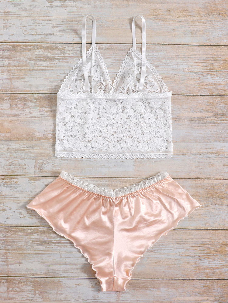 Floral Lace Longline Bralette With Satin Shorts Lingerie Set - Multicolor - View 2