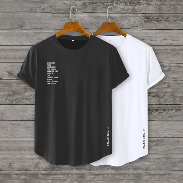 

Men 2pcs Slogan Graphic Tee, Black and white