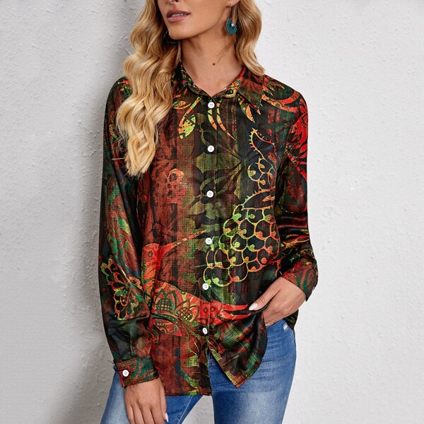 

Graphic Print Button Up Blouse, Multicolor