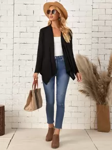 EMERY ROSE Solid Open Front Asymmetrical Hem Coat In Fall/Winter