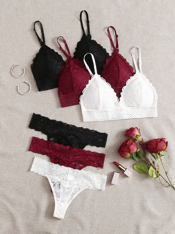 Lowkey Lull 3sets Floral Lace Bra & Panty Lingerie Set