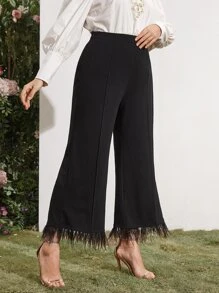 Plus High Waist Fringe Trim Pants - Black - View 2