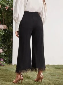 Plus High Waist Fringe Trim Pants - Black - View 3