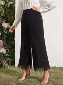 Plus High Waist Fringe Trim Pants - Black - View 4