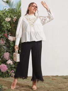 Plus High Waist Fringe Trim Pants - Black - View 5