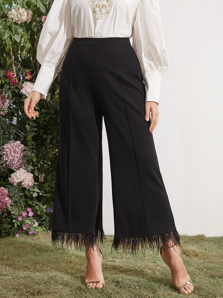 Plus High Waist Fringe Trim Pants - Black - View 1