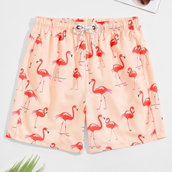 

Men Allover Flamingo Print Swim Trunks, Coral orange