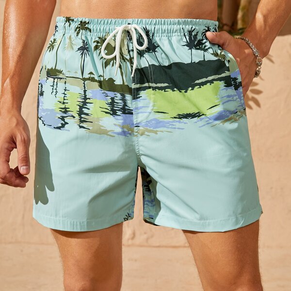 

Men Tropical Print Drawstring Waist Swim Trunks, Mint green