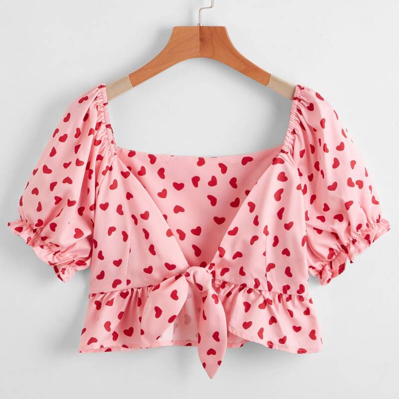 

Heart Print Tie Front Crop Top, Pink