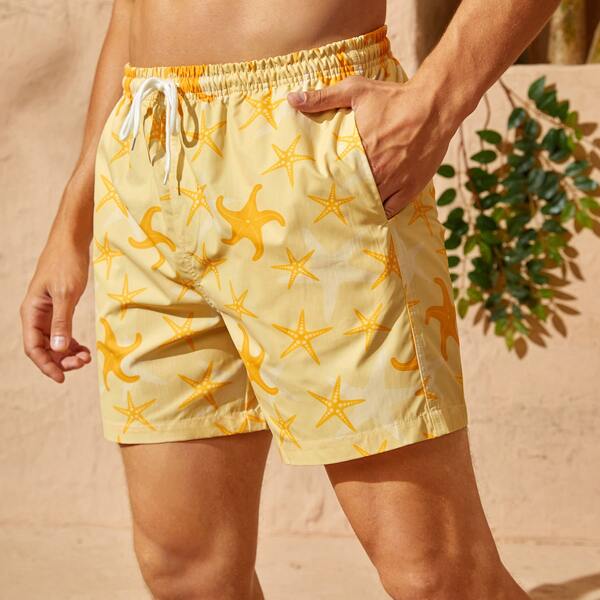 

Men Starfish Print Drawstring Waist Swim Trunks, Yellow
