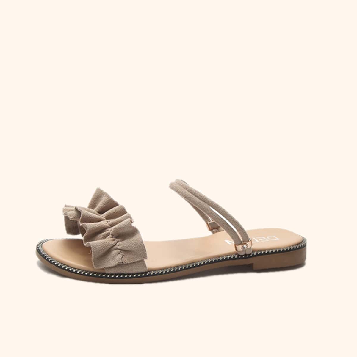 

Ruffle Decor Slide Sandals, Beige