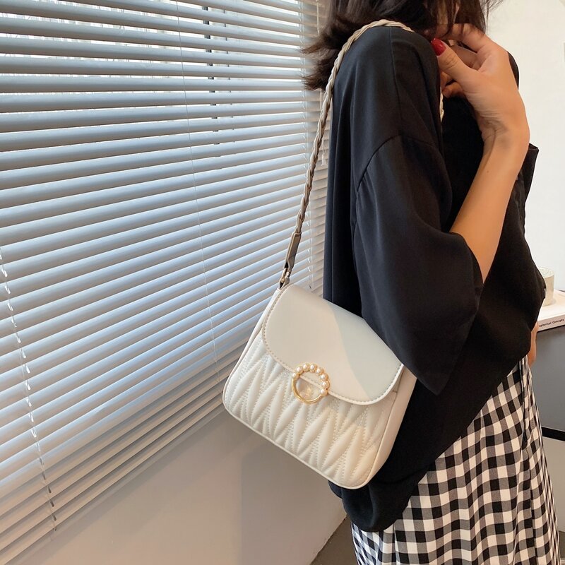 

Faux Pearl Decor Stitch Detail Shoulder Bag, White