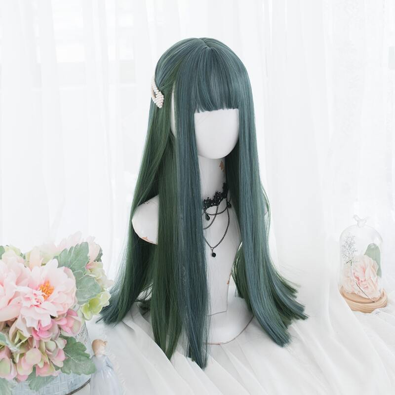 

Natural Long Straight Wig With Bangs, Green