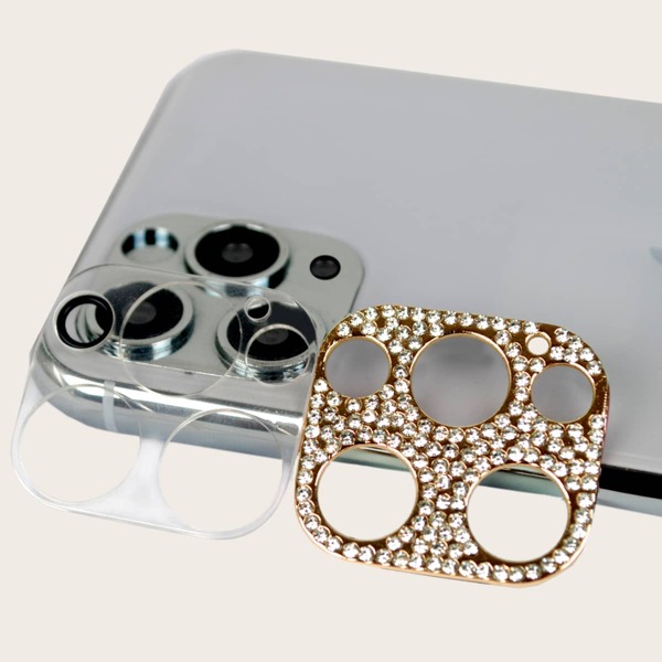 

2pcs Rhinestone Decor Phone Lens Protector, Gold