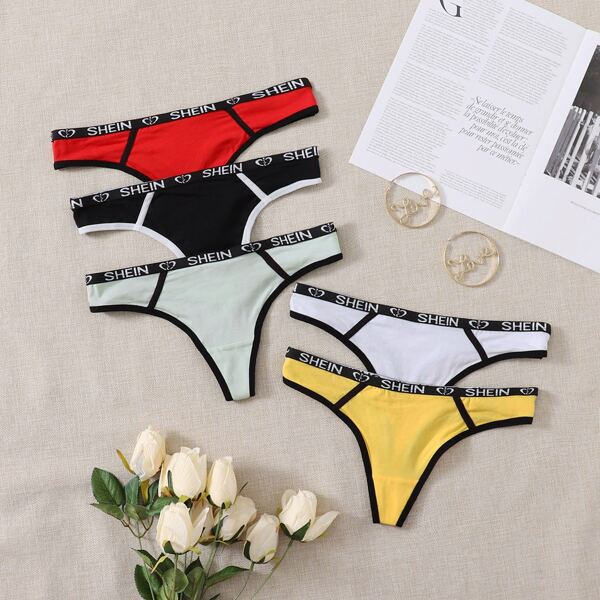 

5pack Contrast Binding Letter Tape Panty Set, Multicolor