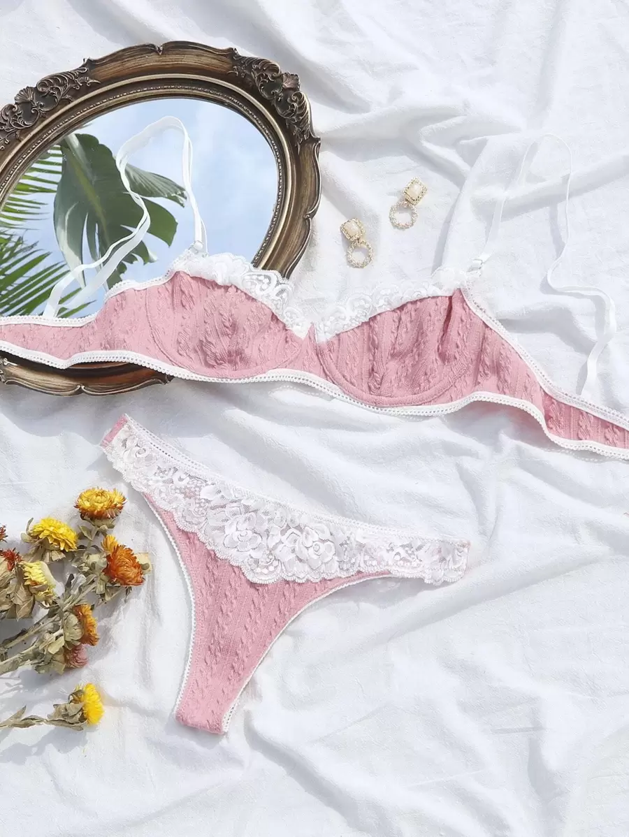 Contrast Lace Underwire Lingerie Set - Dusty Pink - View 1