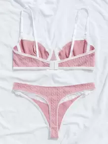 Contrast Lace Underwire Lingerie Set - Dusty Pink - View 2