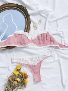 Contrast Lace Underwire Lingerie Set - Dusty Pink - View 5