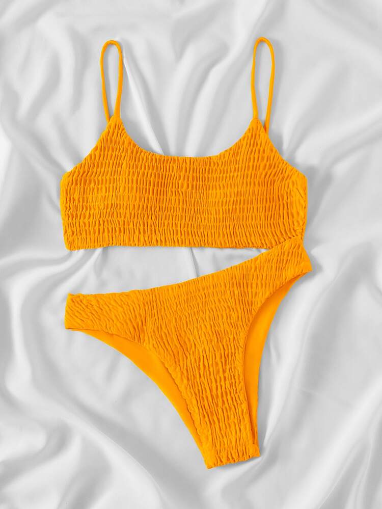 Solid Textured Bikini For Summer Beach Vacation - Orange - View 5