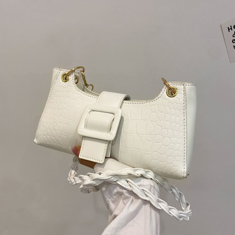 

Croc Embossed Buckle Decor Shoulder Bag, White