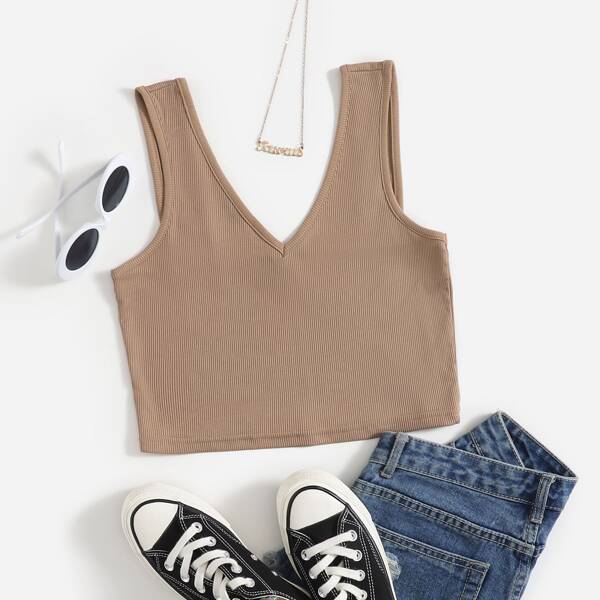 

Ribbed Solid Tank Top, Khaki