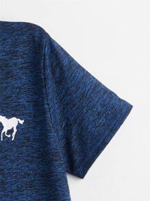SHEIN 青少年男孩馬印花混紡短袖 - 藍色 - 查看 3