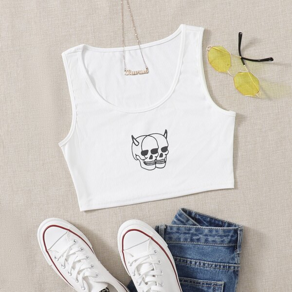 

Skull Print Crop Tank Top, White