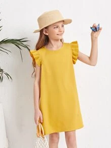 SHEIN Girls Ruffle Sleeve Tunic Dress - Yellow - View 1