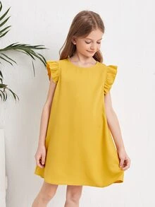 SHEIN Girls Ruffle Sleeve Tunic Dress - Yellow - View 4