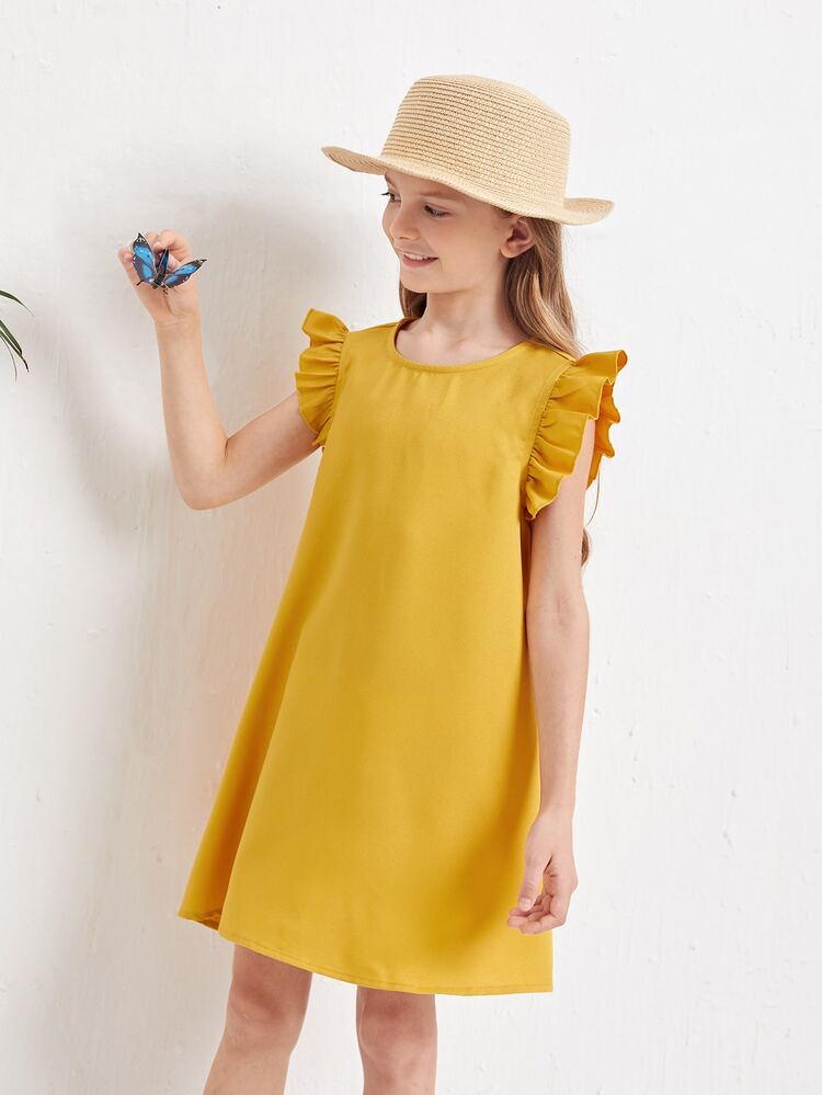 SHEIN Girls Ruffle Sleeve Tunic Dress - Yellow - View 5