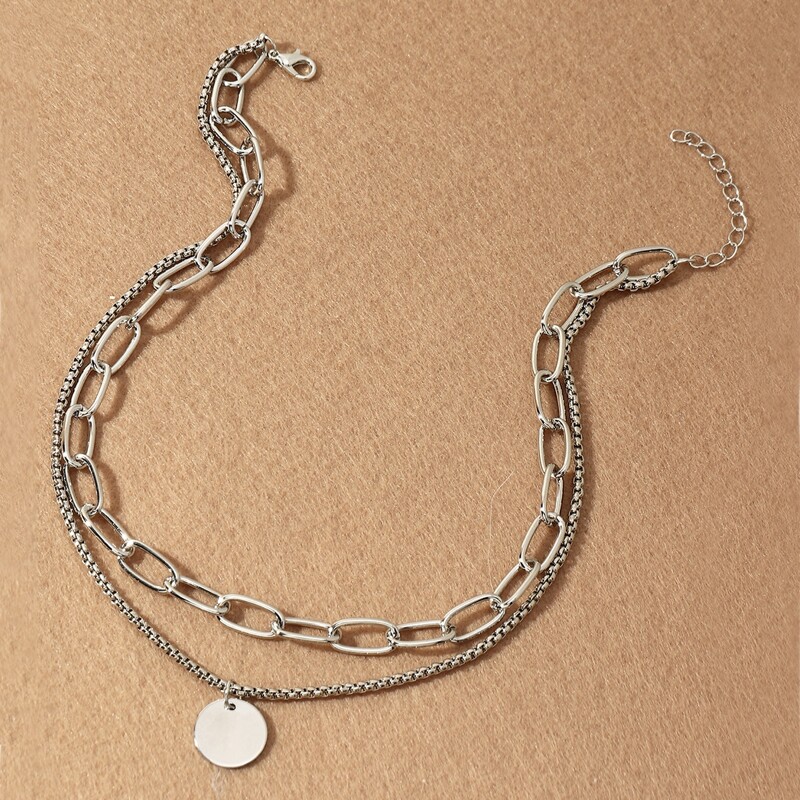 

Geo Pendant Layered Chain Necklace, Silver