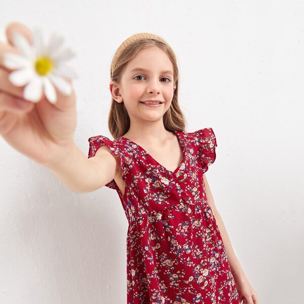 

Girls Ruffle Armhole Floral Print Dress, Red