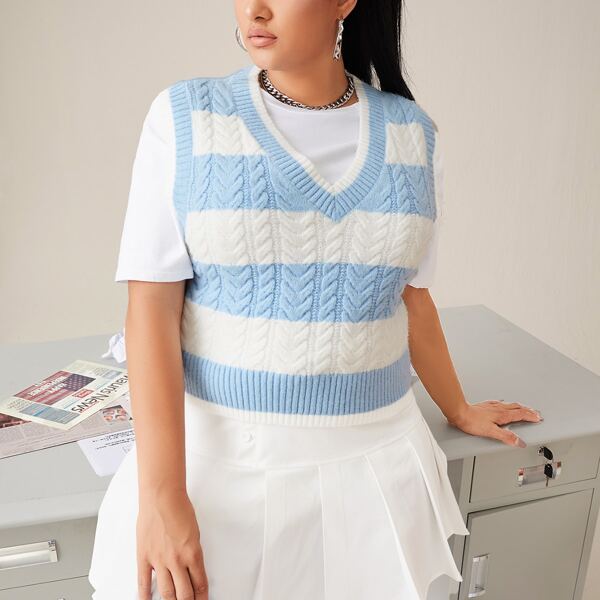 

Plus Striped Cable Knit Sweater Vest Without Tee, Blue and white