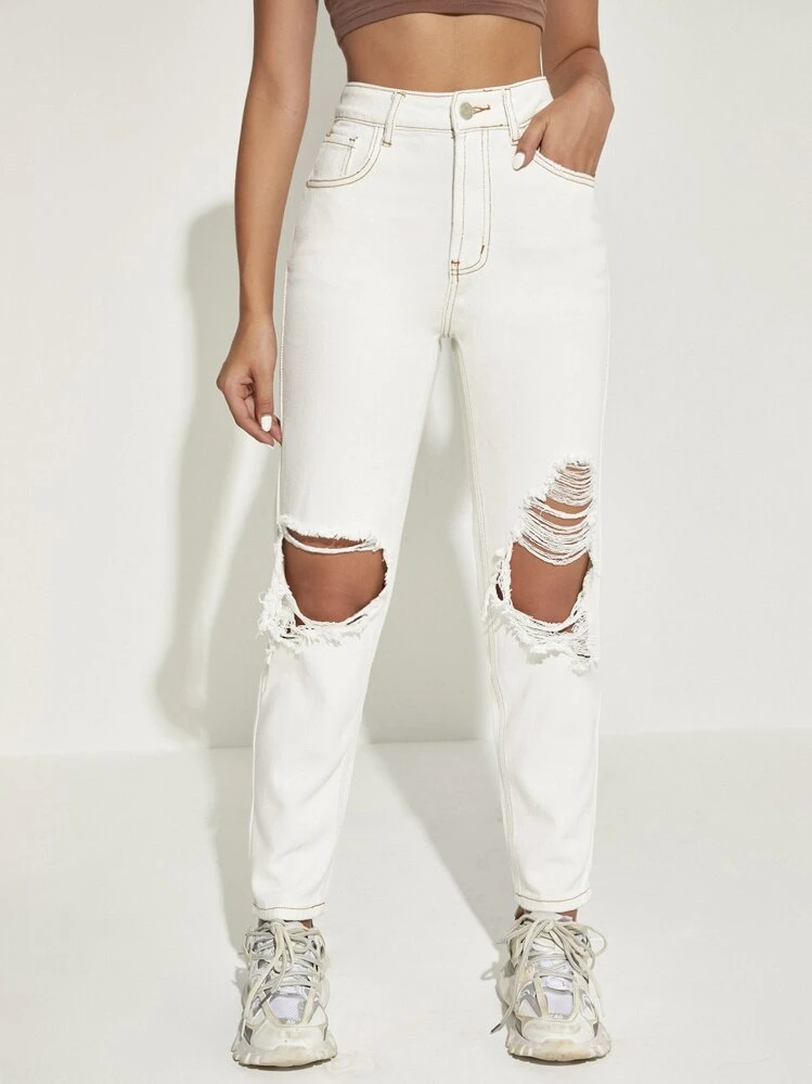 Jeans mom rodilla rasgada con bolsillos oblicuos - Blanco - Añade 1