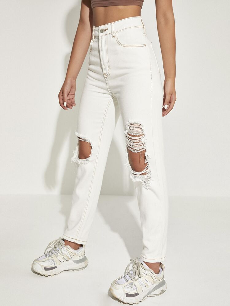 Jeans mom rodilla rasgada con bolsillos oblicuos - Blanco - Añade 3