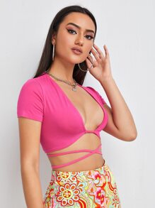 SHEIN BAE 低領交叉繫帶短款上衣 - 玫紅色 - 查看 3