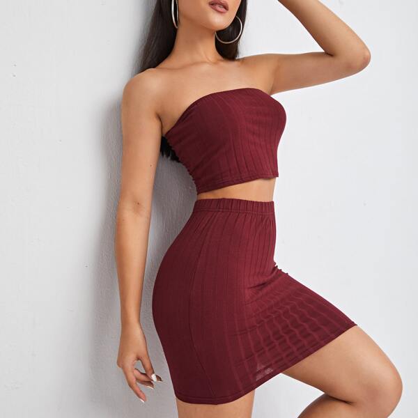 

Rib-knit Tube Top and Skirt Set, Burgundy