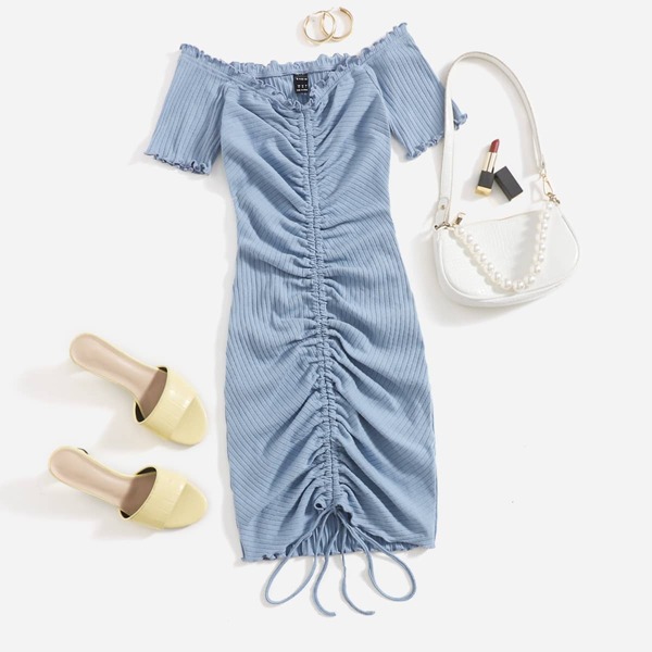 

Drawstring Ruched Bardot Bodycon Dress, Dusty blue