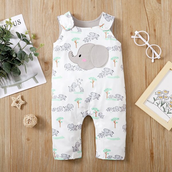 

Baby Boy Elephant Print Patched Overalls, White