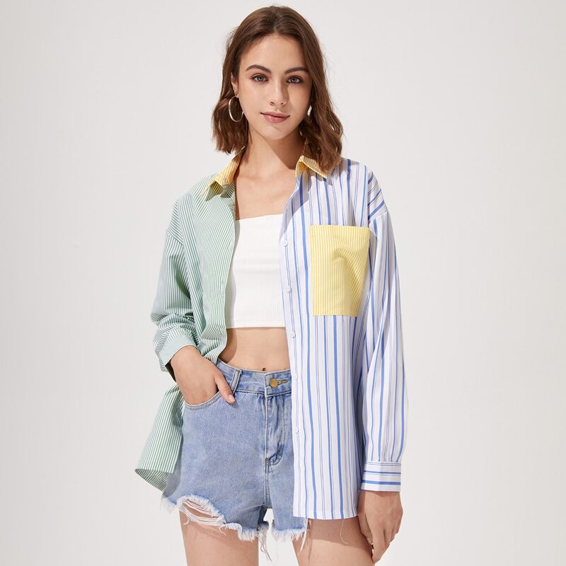 

Colorblock Striped Button Front Pocket Blouse, Multicolor
