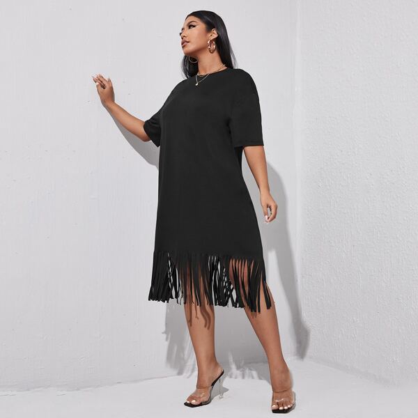 

Plus Fringe Hem Tee Dress, Black