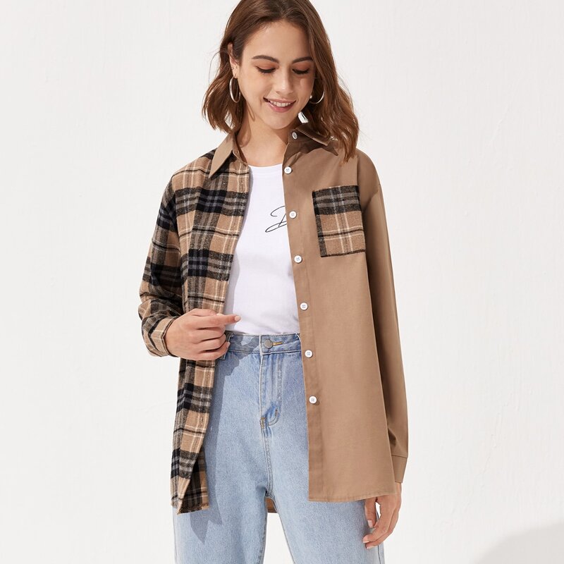 

Contrast Plaid Button Front Blouse, Multicolor